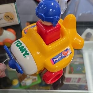 Vintage TOMY Push 'n Go Yellow Aiplane Toy Works Great